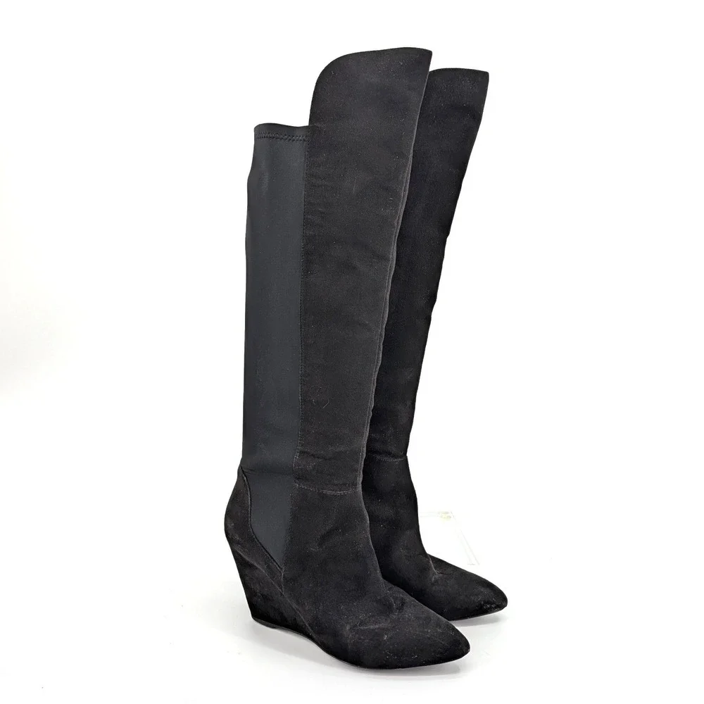 Charles David Womens Black Suede Stretch Over The Knee Wedge Boots 7.5
